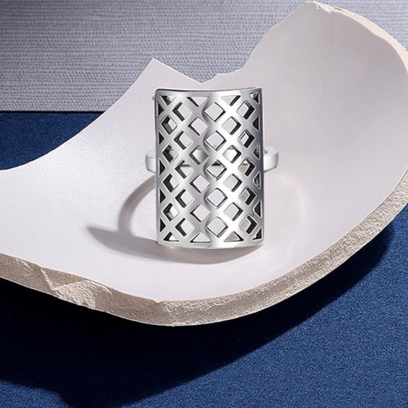 Big Bold Adjustable 925 Sterling Silver Geometric Rectangular Lattice Mesh Ring - Picture 2 of 7